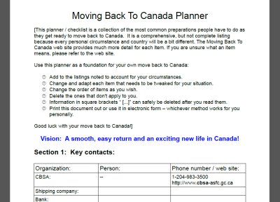Planner / Checklist for your move back to Canada