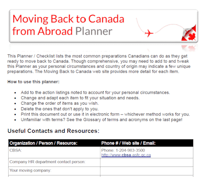 Planner / Checklist for your move to Canada
